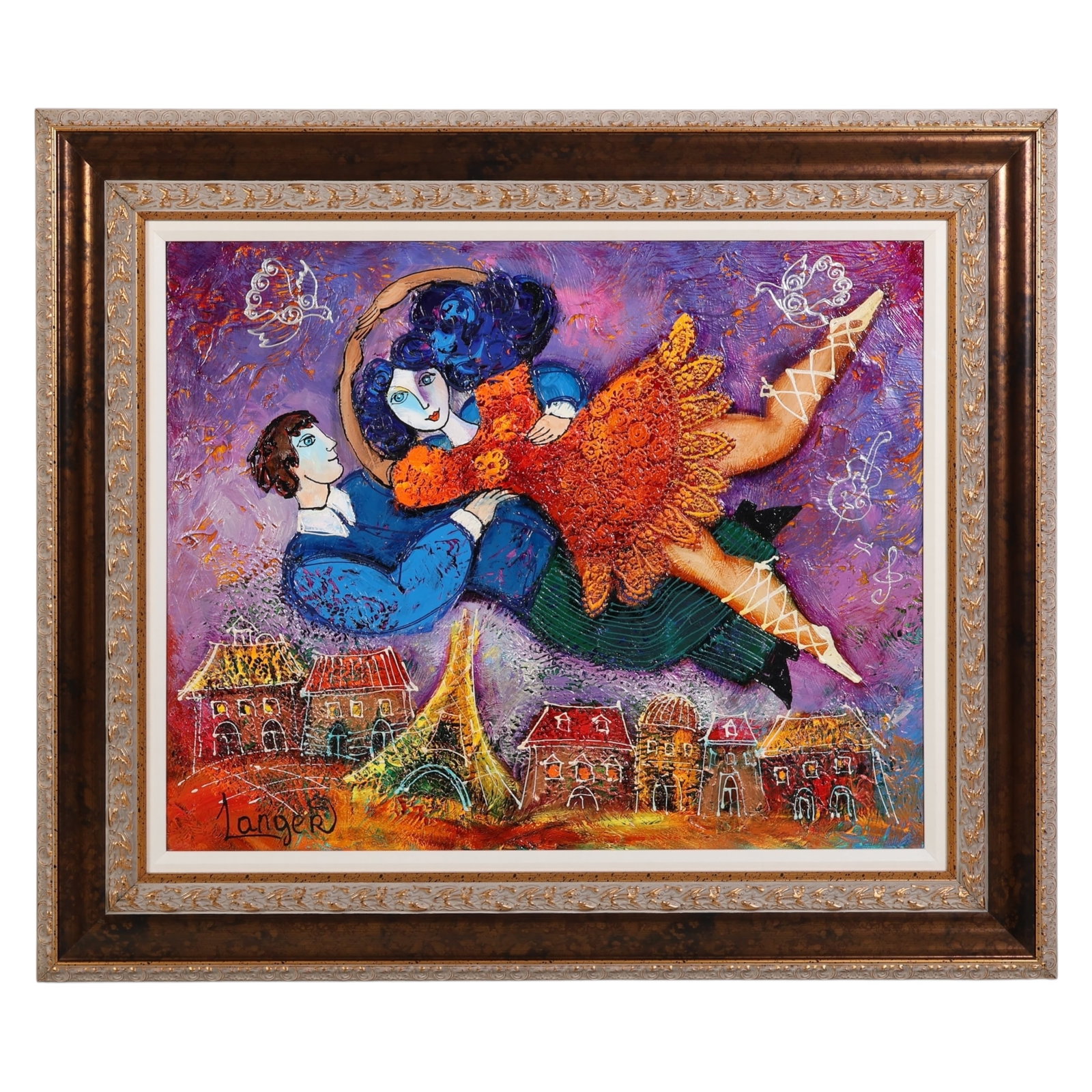 Yulia Langer b.1972 A Beautiful Place Painting: Yulia Langer (Ukrainian, born 1972), A Beautiful Place of Harmony, oil painting on canvas depicting a couple embracing while floating above Paris with the Eiffel Tower below. Rendered in vivid colors 