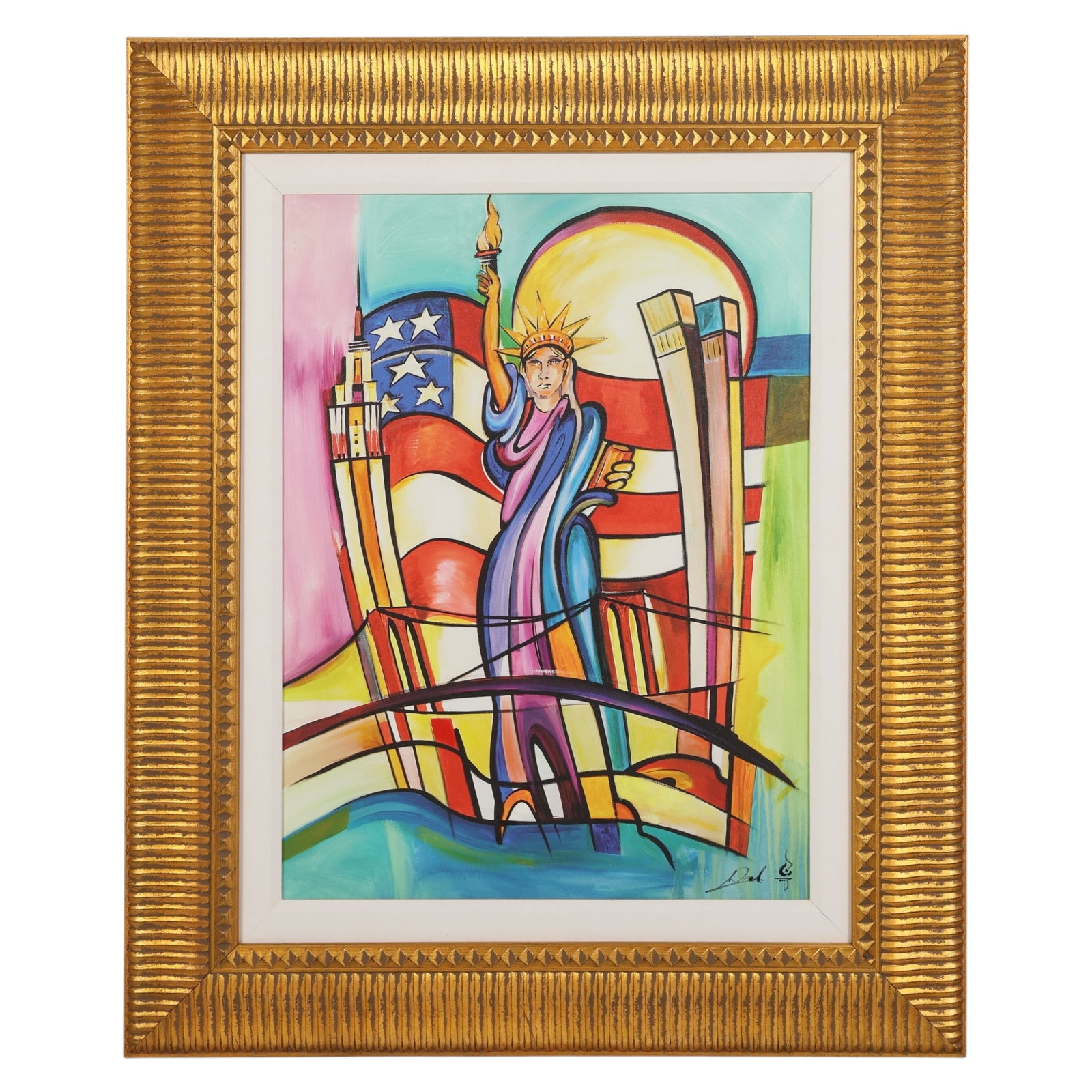 Alfred Gockel b.1952 Statue of Liberty SIGNED: Alfred Gockel (German, born 1952), giclee on canvas depicting the Statue of Liberty against an American flag backdrop, flanked by stylized representations of the Twin Towers, Empire State Building, an