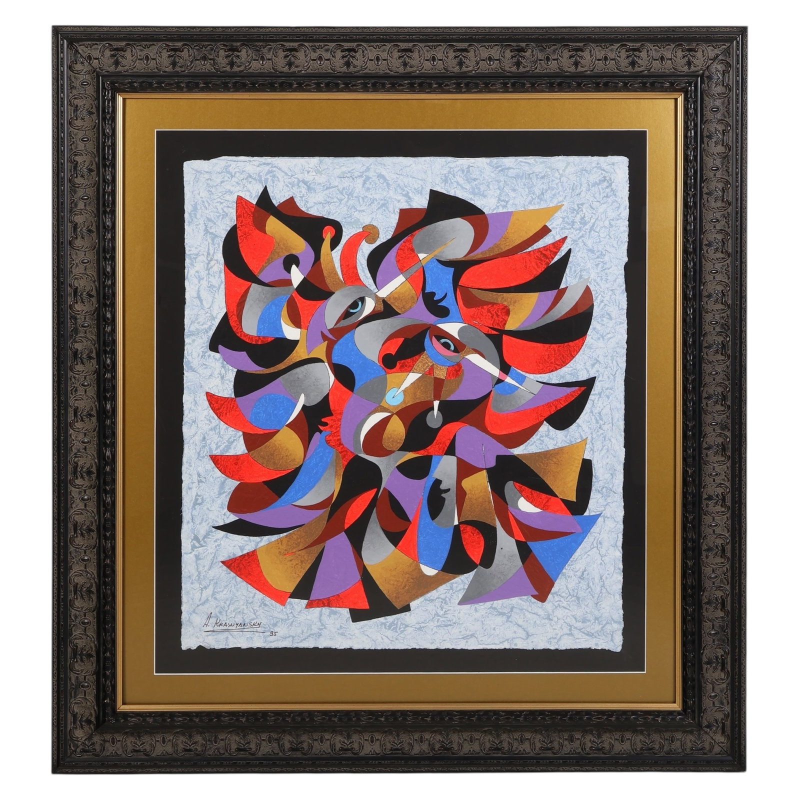 Anatole Krasnyansky 1930-2023 Geometric Painting: Anatole Krasnyansky (Ukrainian-American, 1930-2023), original watercolor and acrylic painting on handmade paper, 1995. The composition features theatrical faces, architectural elements, and interwoven