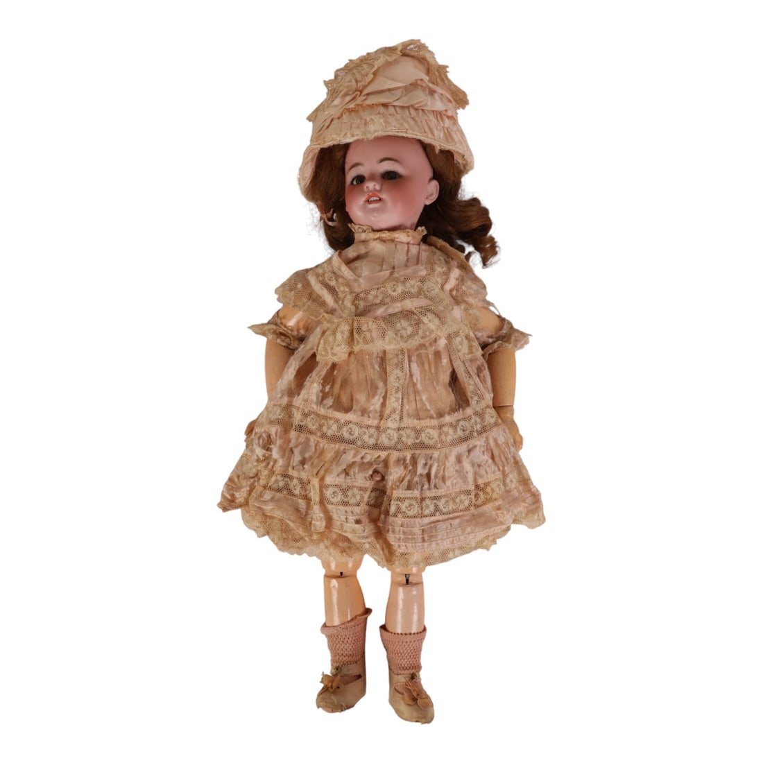 Simon & Halbig Antique Porcelain Composition Doll: Simon & Halbig German antique doll early 20th century modeled with a bisque porcelain head, brown sleep eyes, painted brows and lashes, open mouth with teeth, and blushed cheeks. Fitted with a curly w