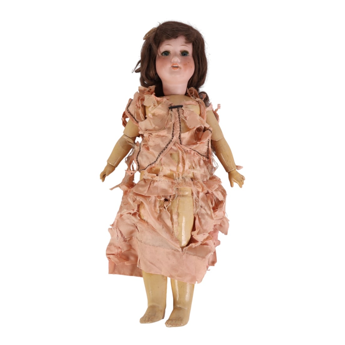 Armand Marseille 19" Porcelain Composition Doll: Armand Marseille German antique doll early 20th century modeled with a bisque porcelain head, blue glass eyes, painted brows and lashes, open mouth with teeth, blushed cheeks, and brown wig. Clothed i