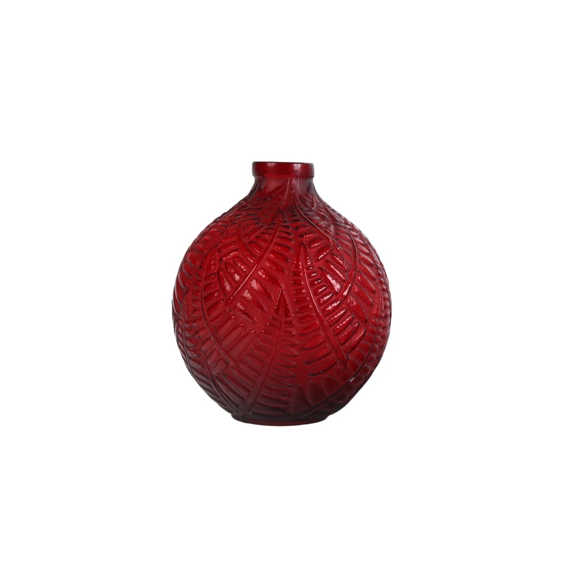 Red Art Deco Malesherbes Style Vase after Lalique: French-style red crystal vase modeled after the Rene Lalique Malesherbes pattern featuring intricate fern leaf motifs in high relief reflecting Laliques Art Nouveau and Art Deco design. Base bears a p