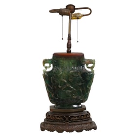 Chinese Illuminating Carved Green Fluorite Lamp