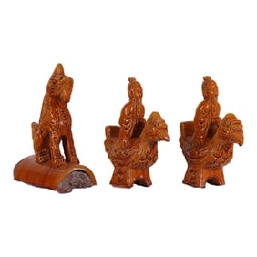 Chinese Ceramic Figural Bird Foo Dog Roof Tiles 3p