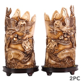 Chinese Carved Organic Dragon & Phoenix Plaques