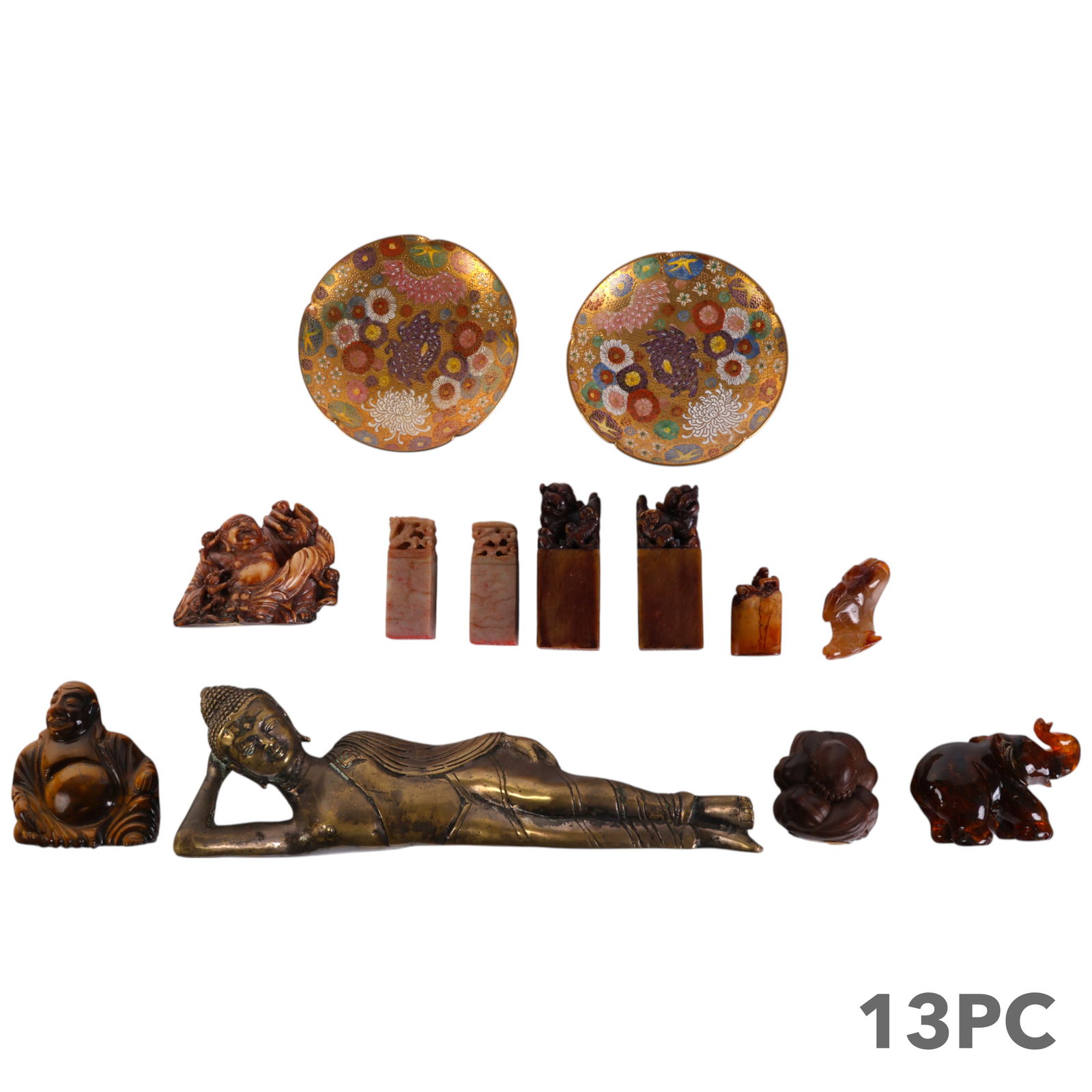 Chinese & Asian Style Collectables 13pc ESTATE LOT: Eclectic world travelers lot of thirteen Chinese and Asian-inspired decorative objects in mixed materials. Features include a 12-inch bronzed metal reclining Buddha, likely Thai or Burmese; a pair of