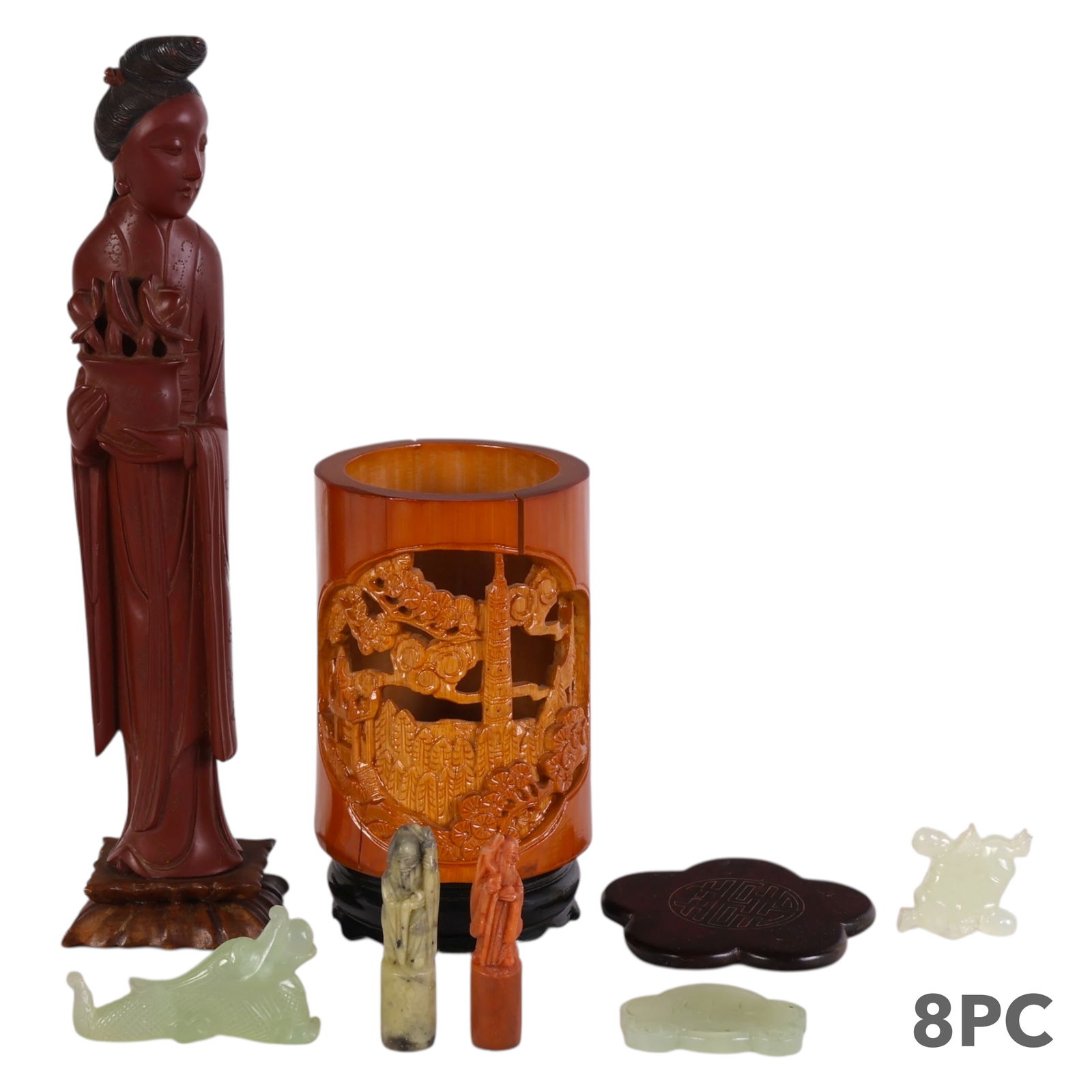 Chinese Jade Stone Wood Figures and Plaque 8pc LOT: Eight-piece Chinese lot of decorative objects including a deeply carved bamboo brush pot with temple landscape, trees, and pagoda; a tall red-toned lacquer sculpture of a maiden holding a lotus urn; t