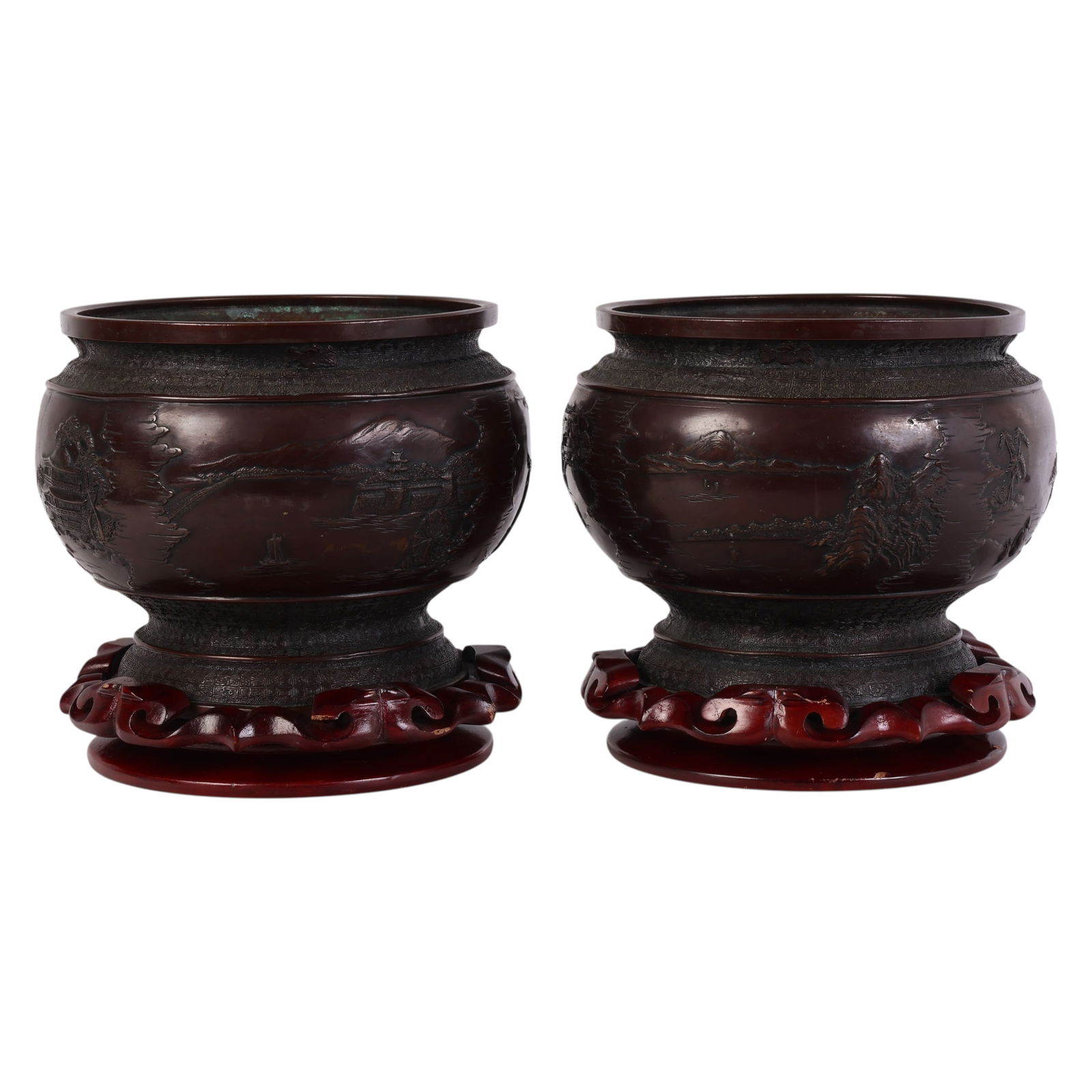 Japanese Meiji Style Pair Bronze Jardiniere Bowls (1 of 8)