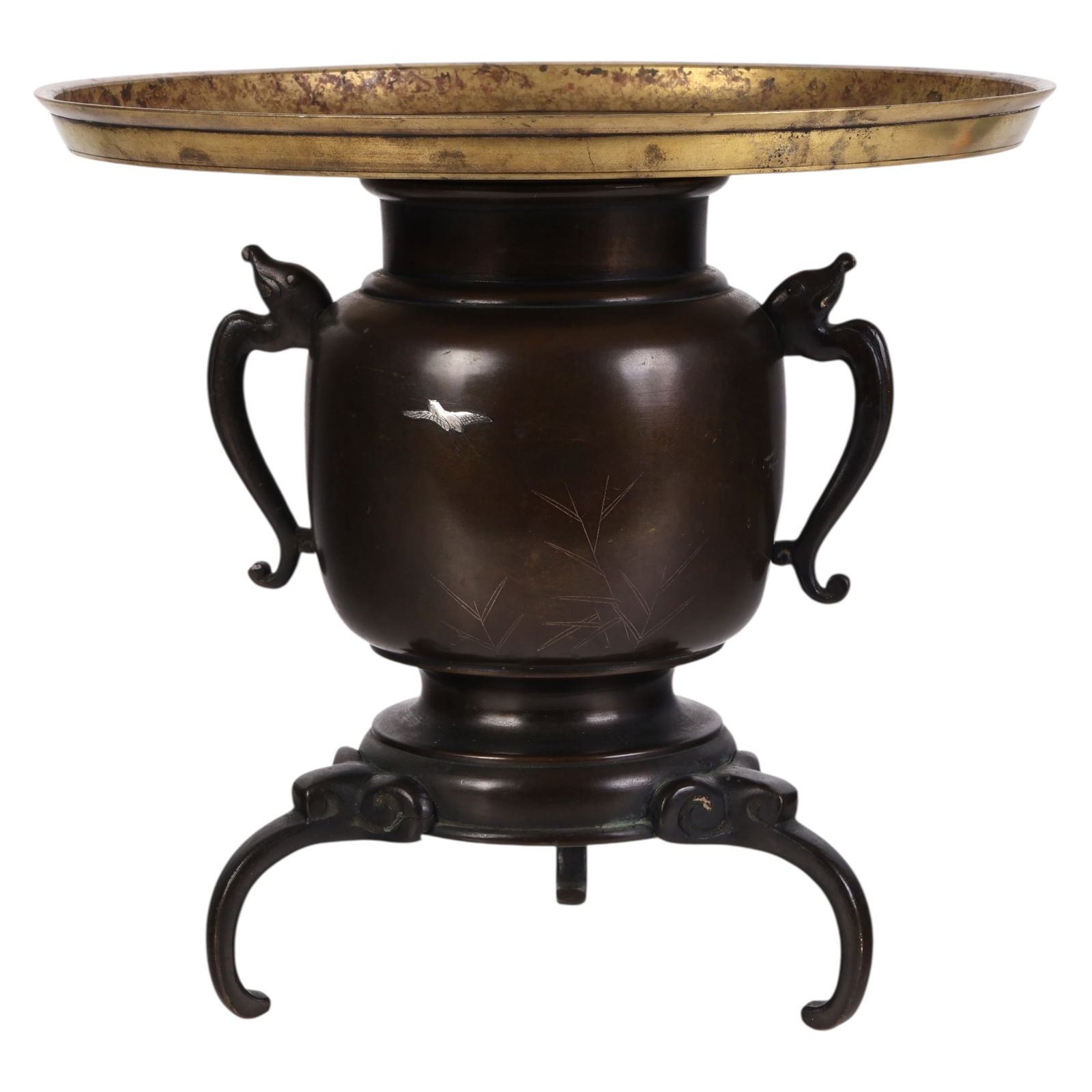 Japanese Meiji Bronze Quail and Moon Usubata Vase: Japanese Meiji period bronze usubata with inlaid silver and copper decoration featuring a quail beneath a crescent moon and grasses, with a bird in flight on the reverse. Includes detachable wide bras