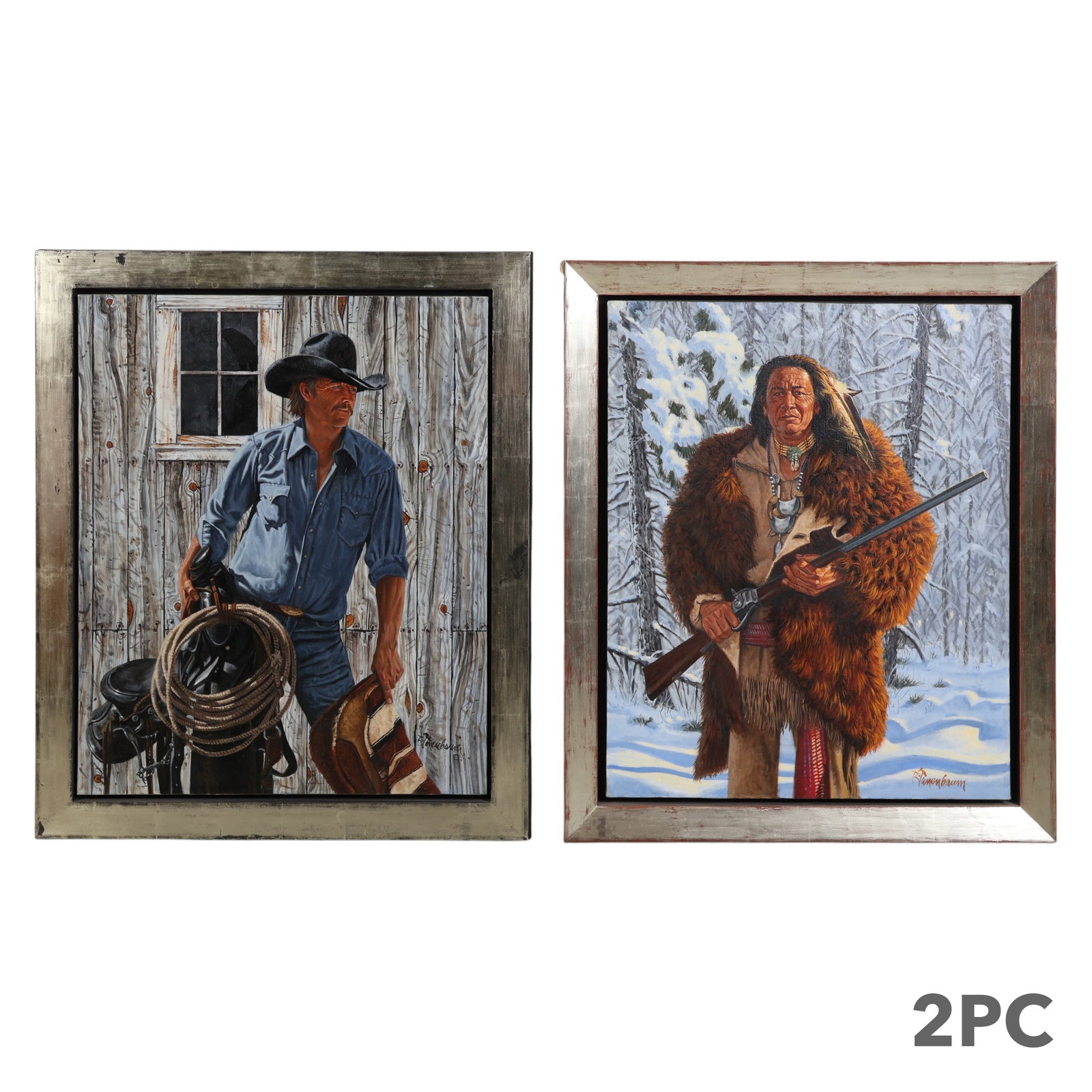 Robert Tanenbaum b.1936 Cowboy Indian Painting LOT: Robert Tanenbaum (American, born 1936), lot of two Western realist oil paintings on canvas. One depicts a cowboy in a denim shirt and black hat standing beside a barn wall, holding a saddle and rope.