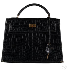 Hermes Vintage Black Crocodile Gold Kelly 32 Purse
