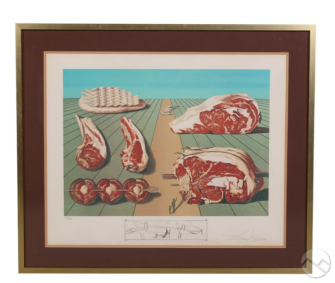 Dali 1904-1989 LE Sodomized Entrees Litho SIGNED: Salvador Dali (Spanish, 1904-1989), Sodomized Entrees, limited edition color lithograph on Rives paper from the Les Diners de Gala suite, published in 1977. Surreal composition depicting cuts of meat
