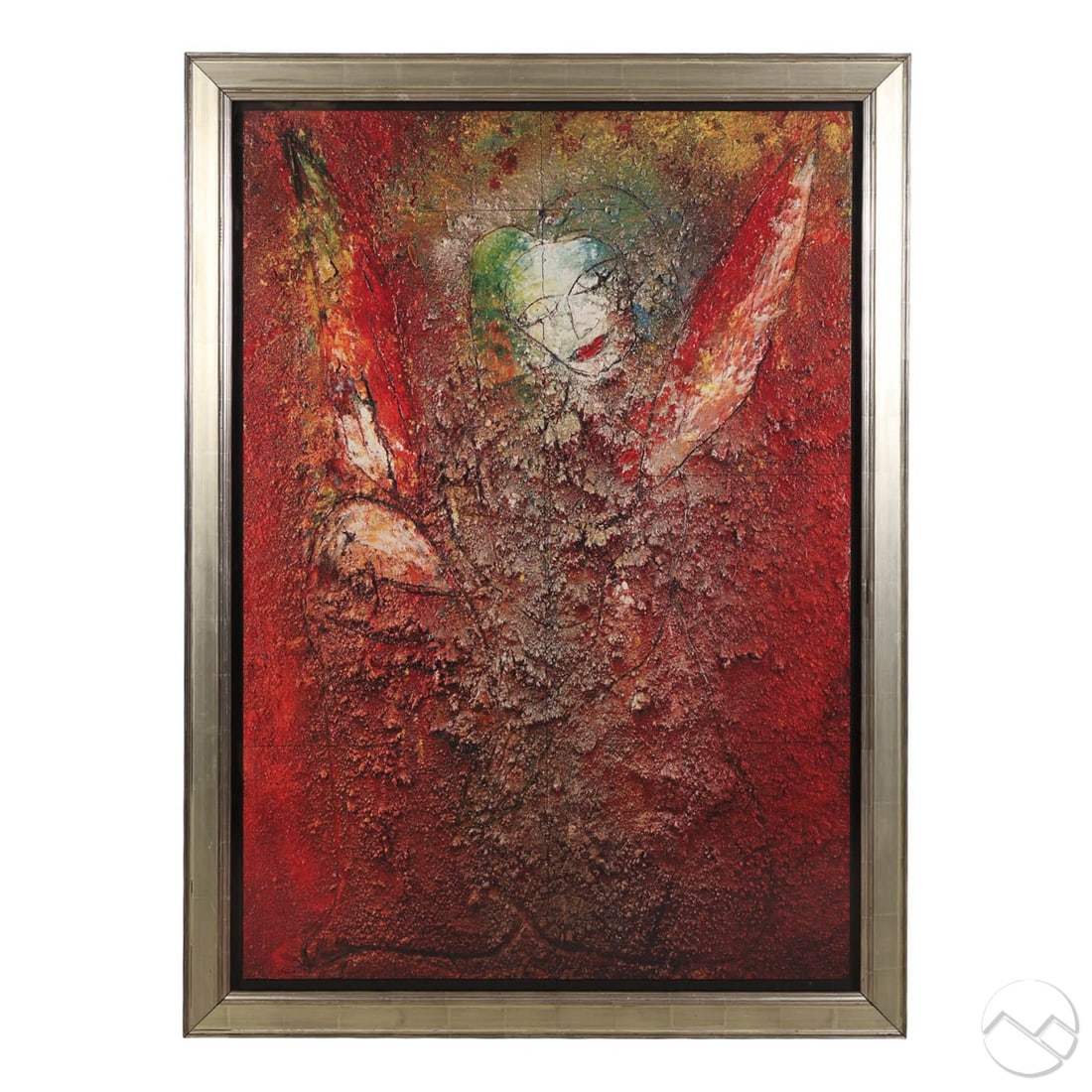 Jamali b.1944 Abstract Figural LE Print SIGNED: Jamali (Pakistani American, born 1944), monumental scale color print on paper depicting an abstract winged figure against a red-toned background. The figure features a tilted pale head, almond-shaped