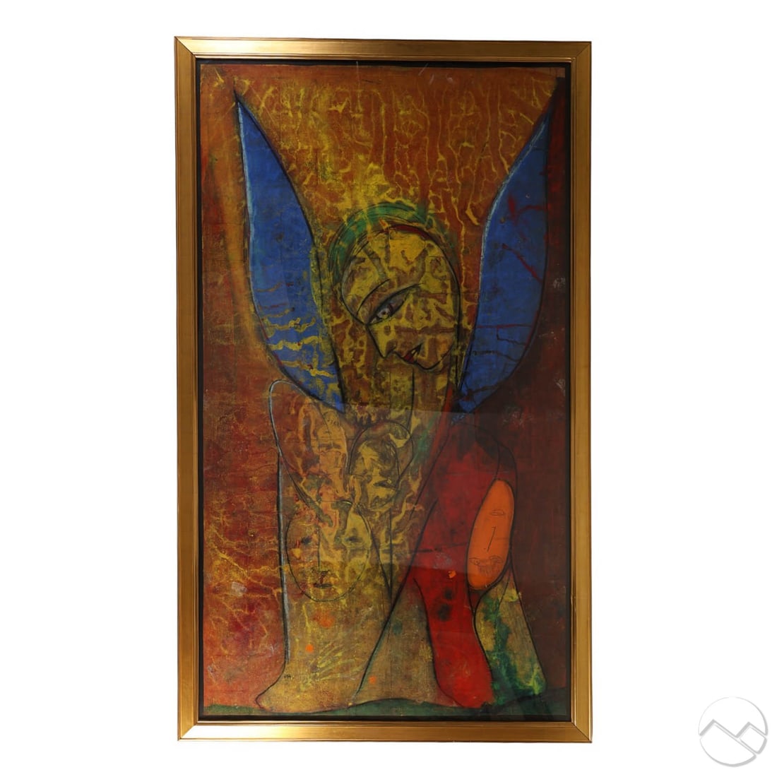 Jamali b.1944 Blue Wings Modern Abstract Painting: Jamali (Pakistani American, born 1944), Blue Wings, 2003. Monumental scale pigmentation on cork painting depicting an abstract figure with a bowed head and blue wings. The composition incorporates mul