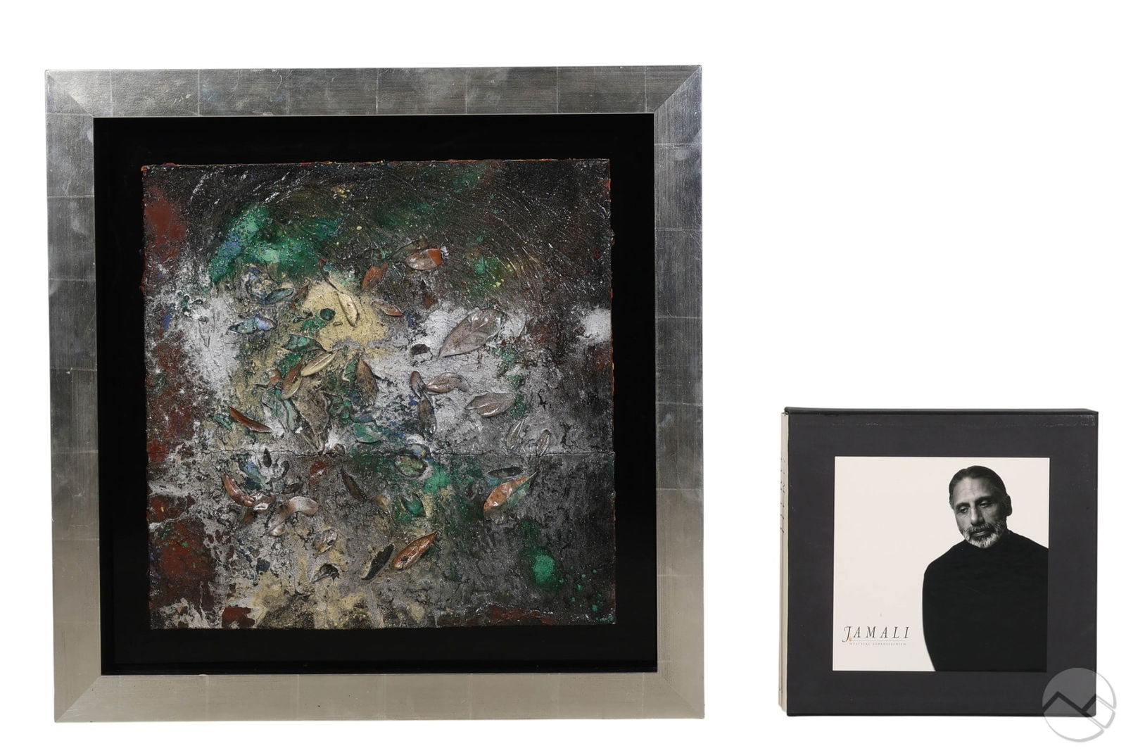 Jamali b.1944 Fresco Tempura Painting with Book: Jamali (Pakistani American, born 1944), fresco tempura oil painting on cork. A heavily textured abstract composition featuring metallic silver, green, blue, and earthen pigments, layered with applied