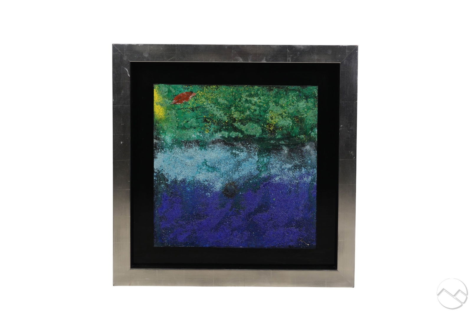 Jamali b.1944 Fresco Tempura Painting with COA: Jamali (Pakistani American, born 1944), fresco tempura oil painting on cork executed with layered pigments in green, turquoise, violet, and yellow, incorporating textured surface treatments and an app