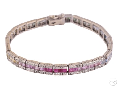 14k White Gold Diamond Rainbow Sapphire Bracelet