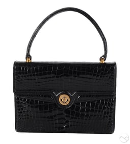 Gucci Vintage Kelly Style Black Crocodile Handbag