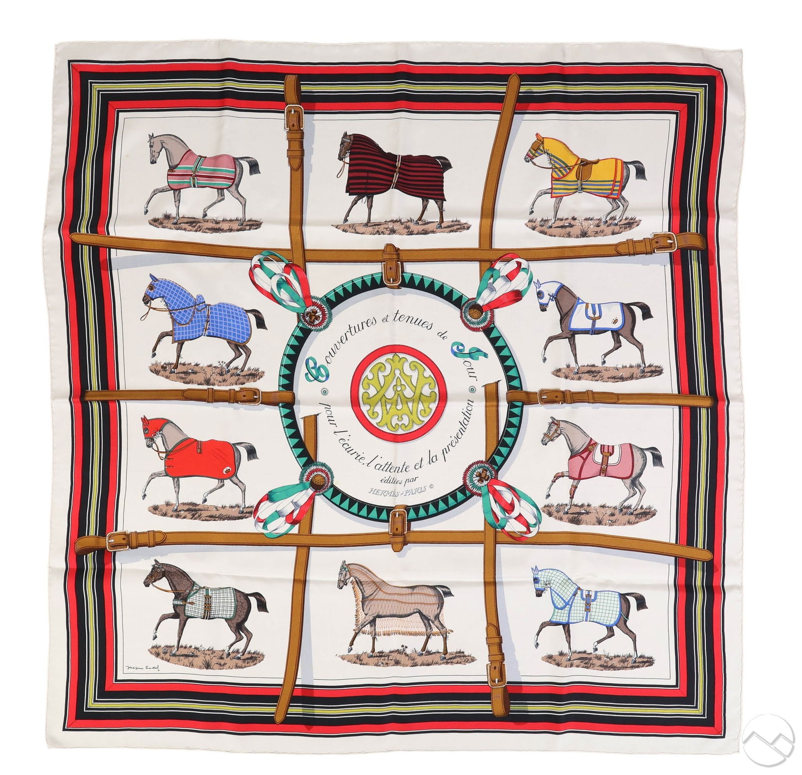 Hermes Couvertures et Tenues de Jour Silk Scarf: Hermes "Couvertures et Tenues de Jour" silk scarf designed by Jacques Eudel, featuring a hand-rolled hem and a colorful parade of horses in various day coverings and presentation tack. The equestrian