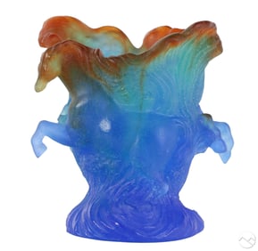 Daum France Pate de Verre Art Glass Horses Vase
