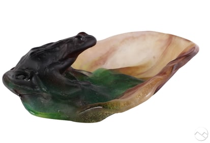 Daum Pate de Verre Glass Lilly Pad with Frog Dish