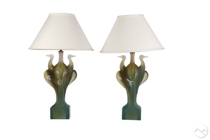 Pair Daum France Pate de Verre Heron Table Lamps