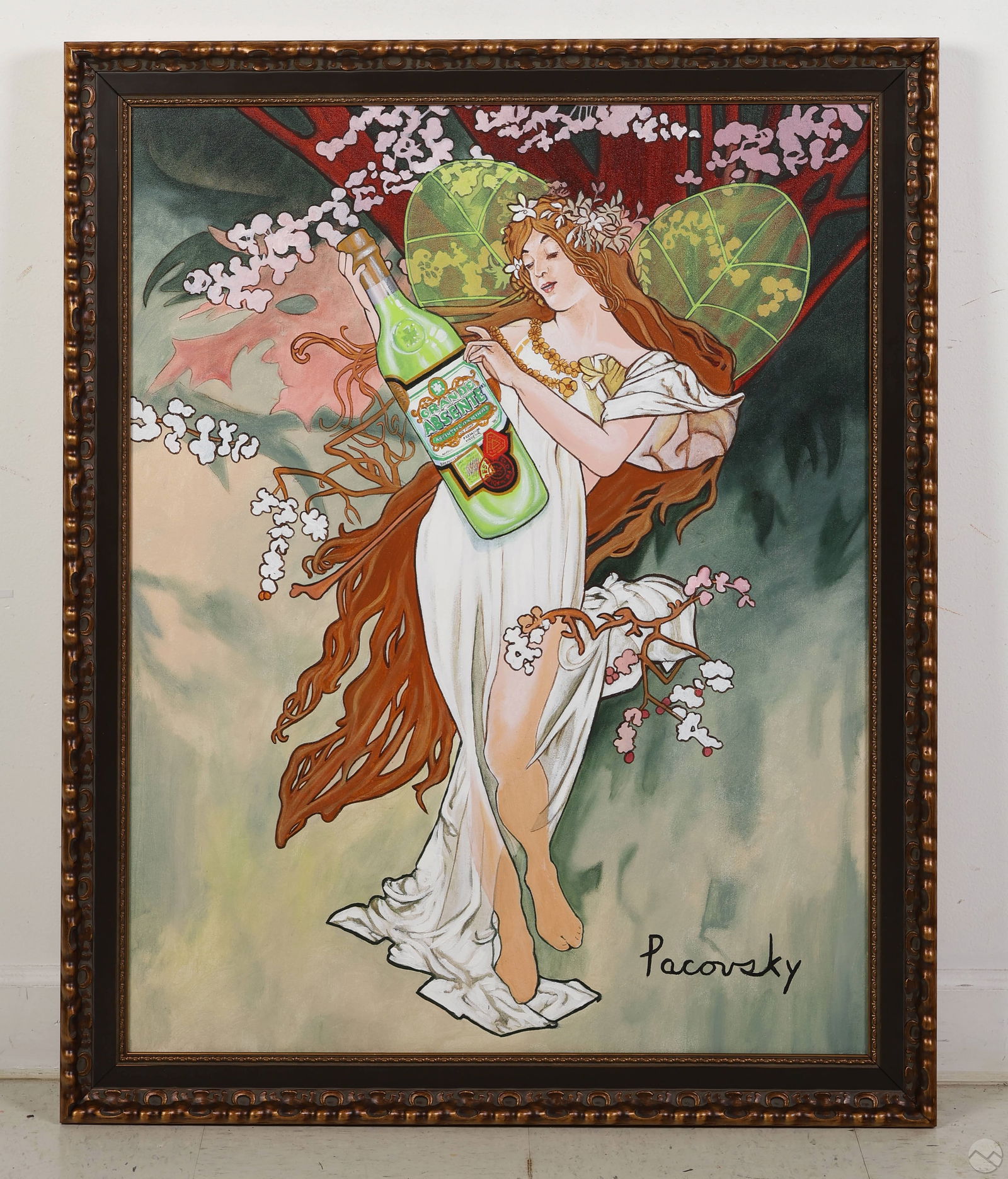 John Pacovsky b.1950 Mucha Absente Ad Painting: John Pacovsky (American, born 1950), acrylic on canvas created for an Absente liqueur advertising campaign, rendered as a homage to Alphonse Muchas Art Nouveau style. Features a maiden holding a bottl