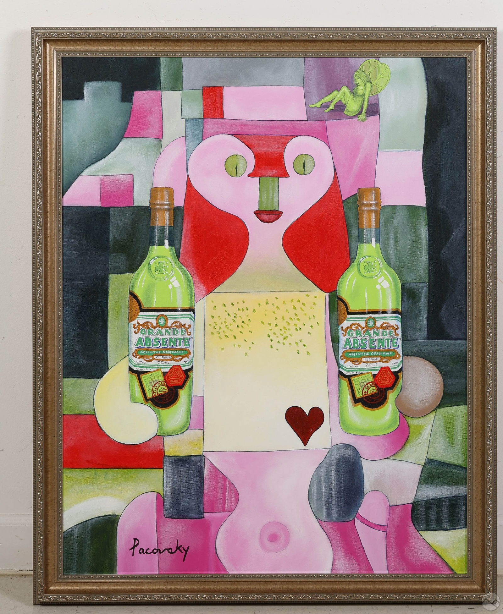John Pacovsky b.1950 Paul Klee Absente Painting: John Pacovsky (American, born 1950), acrylic painting on canvas created as part of an Absente liqueur advertising campaign, rendered as a homage to Paul Klee's abstract style. The composition features