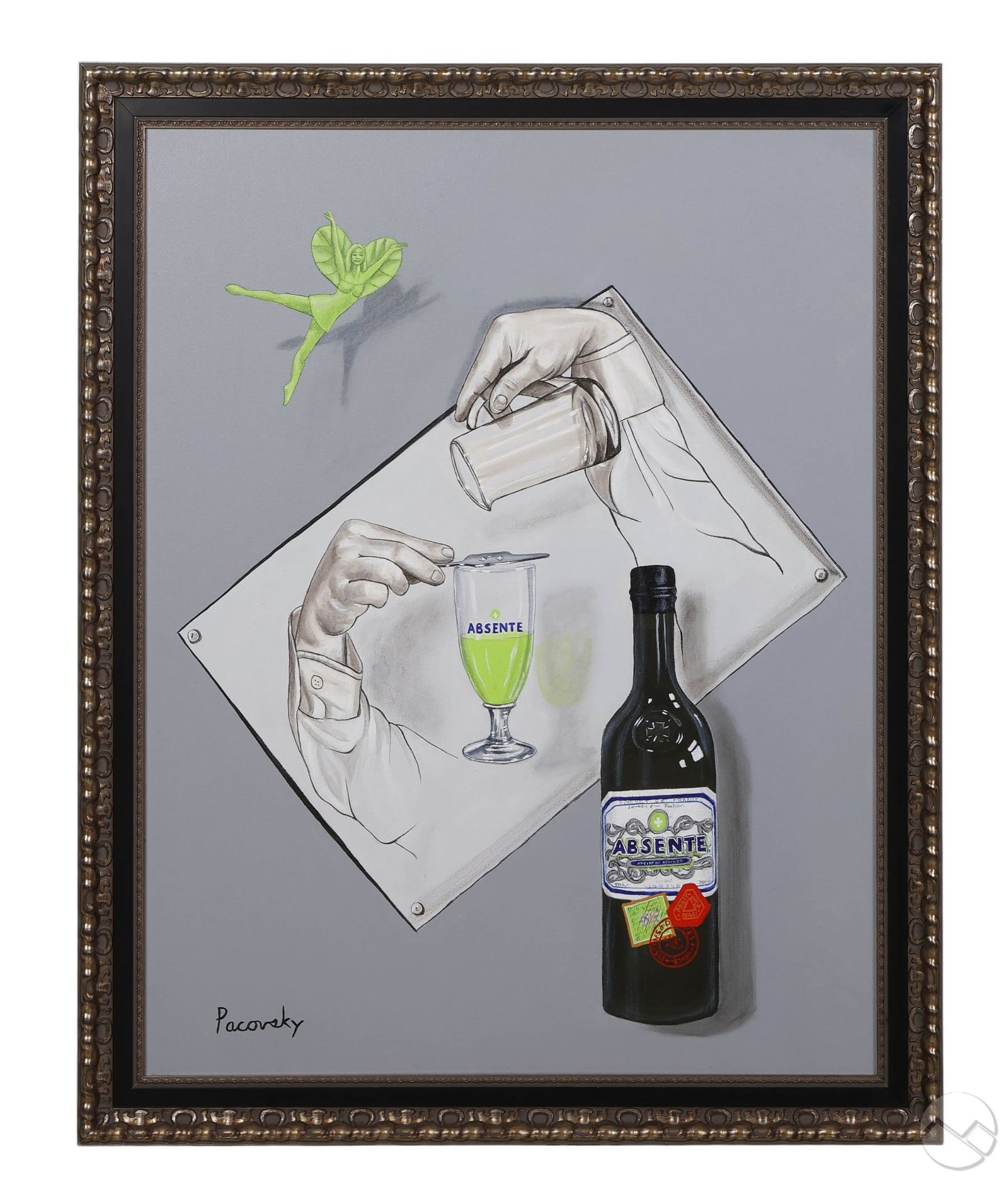 John Pacovsky b.1950 Escher Absente Ad Painting: John Pacovsky (American, born 1950), acrylic on canvas created for an Absente liqueur advertising campaign, paying homage to the visual style of M.C. Escher. The composition features a paradoxical per