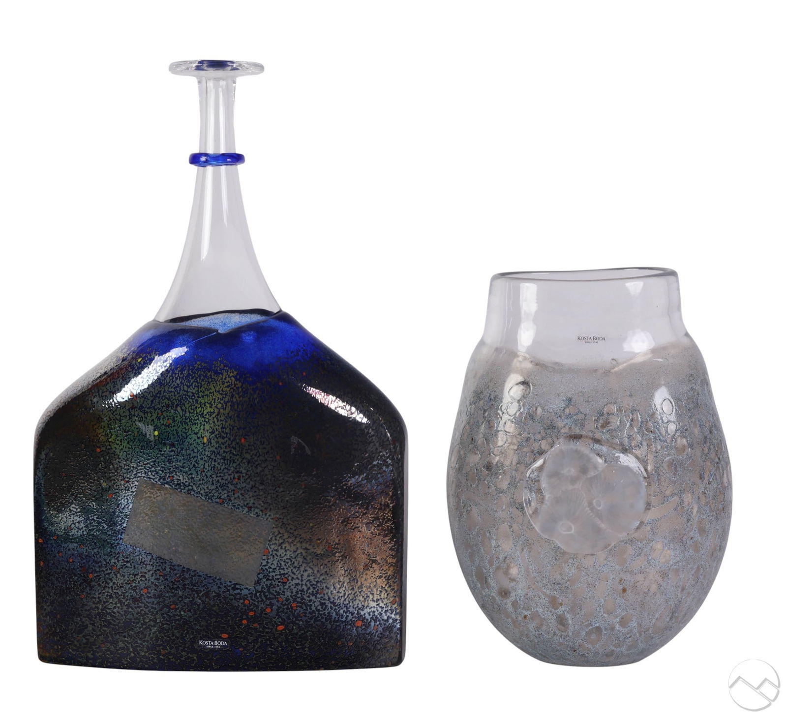 Kosta Boda Bertil Vallien Kjell Engman Glass Vases: Kosta Boda Sweden lot of two studio art glass works. Includes a Kjell Engman (Swedish, born 1946) Fossil series vase, circa 2000, featuring a stone-like rock textured body with applied fossilized flow