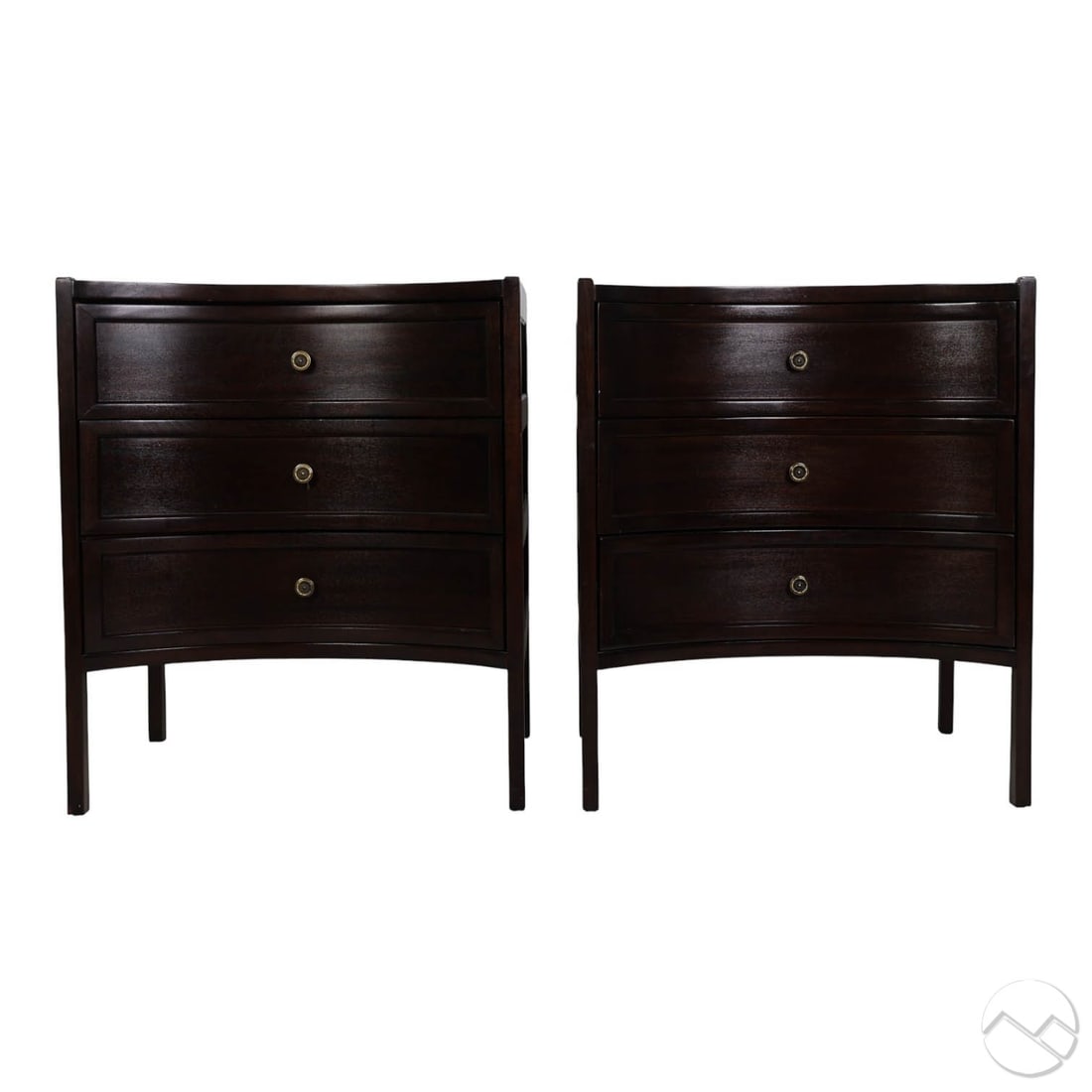 Pair of Dessin Fournir "Handley Chest" Nightstands: Pair of Dessin Fournir "Handley Chest 707" luxury designer nightstands in a dark mahogany finish, featuring sculptural forms with curved fronts, flared sides, and tapered legs. Each is fitted with thr