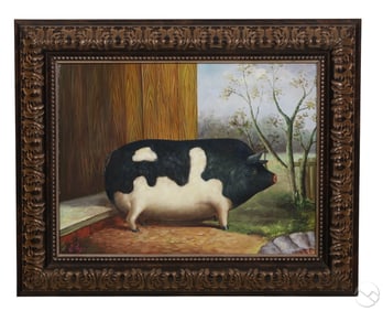 E Tapia 20C Barnyard Farm Pig Portrait Painting
