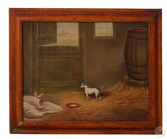 W E Turner 19C English Terrier in a Barn Painting
