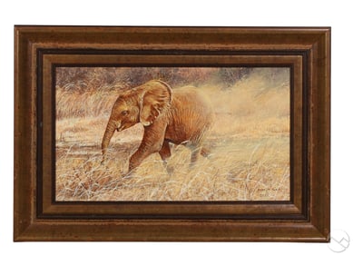 Alan Hunt b.1947 Here Comes Baby Elephant Painting