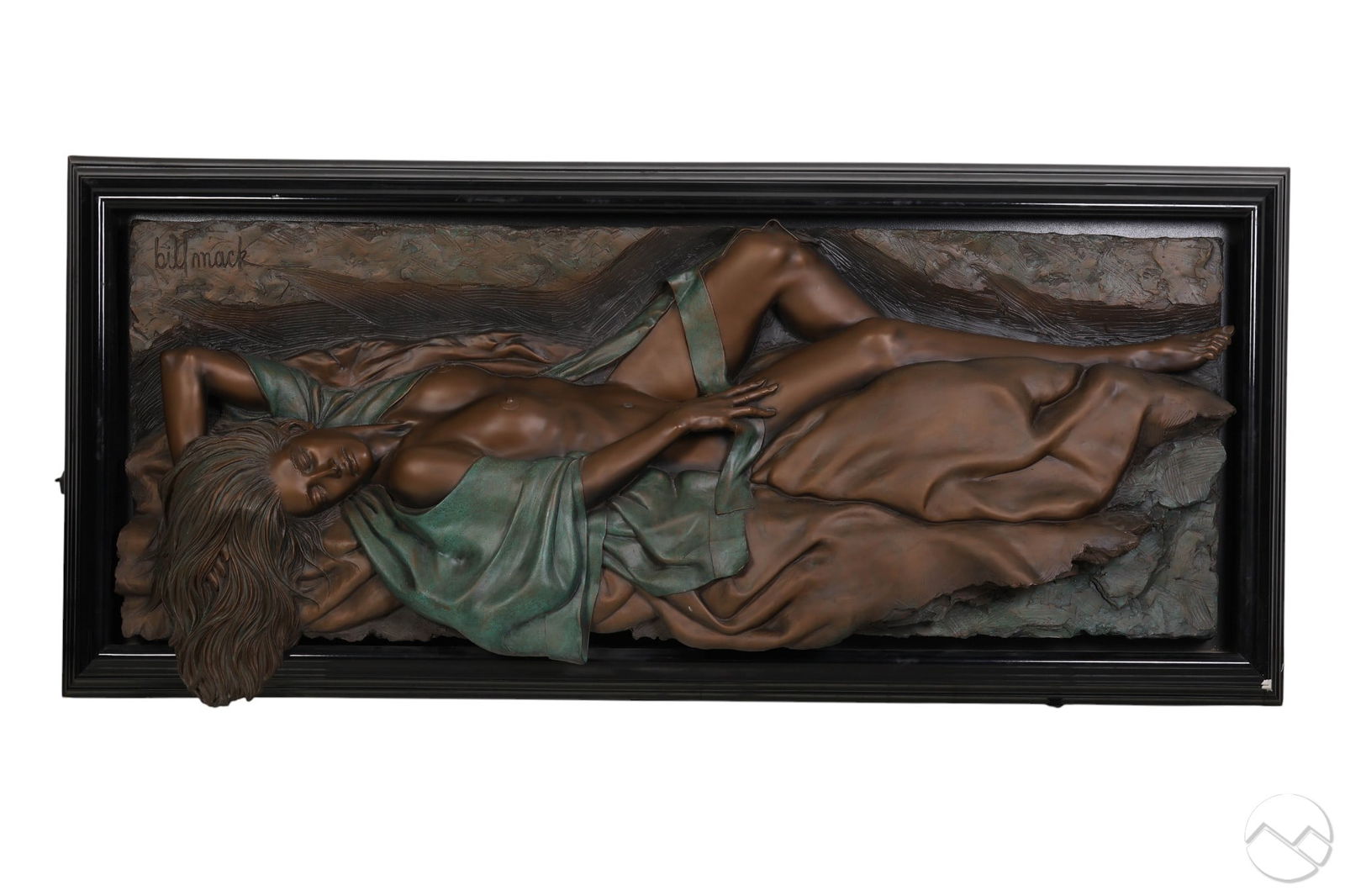 Bill Mack b.1944 Bronze Nude Girl Relief Sculpture: Bill Mack (American, born 1944), bonded bronze relief hanging wall sculpture depicting a reclining semi-nude female figure. Incised signature "Bill Mack" at upper left.Dimensions: 75 X 35 X 4 in. Cond