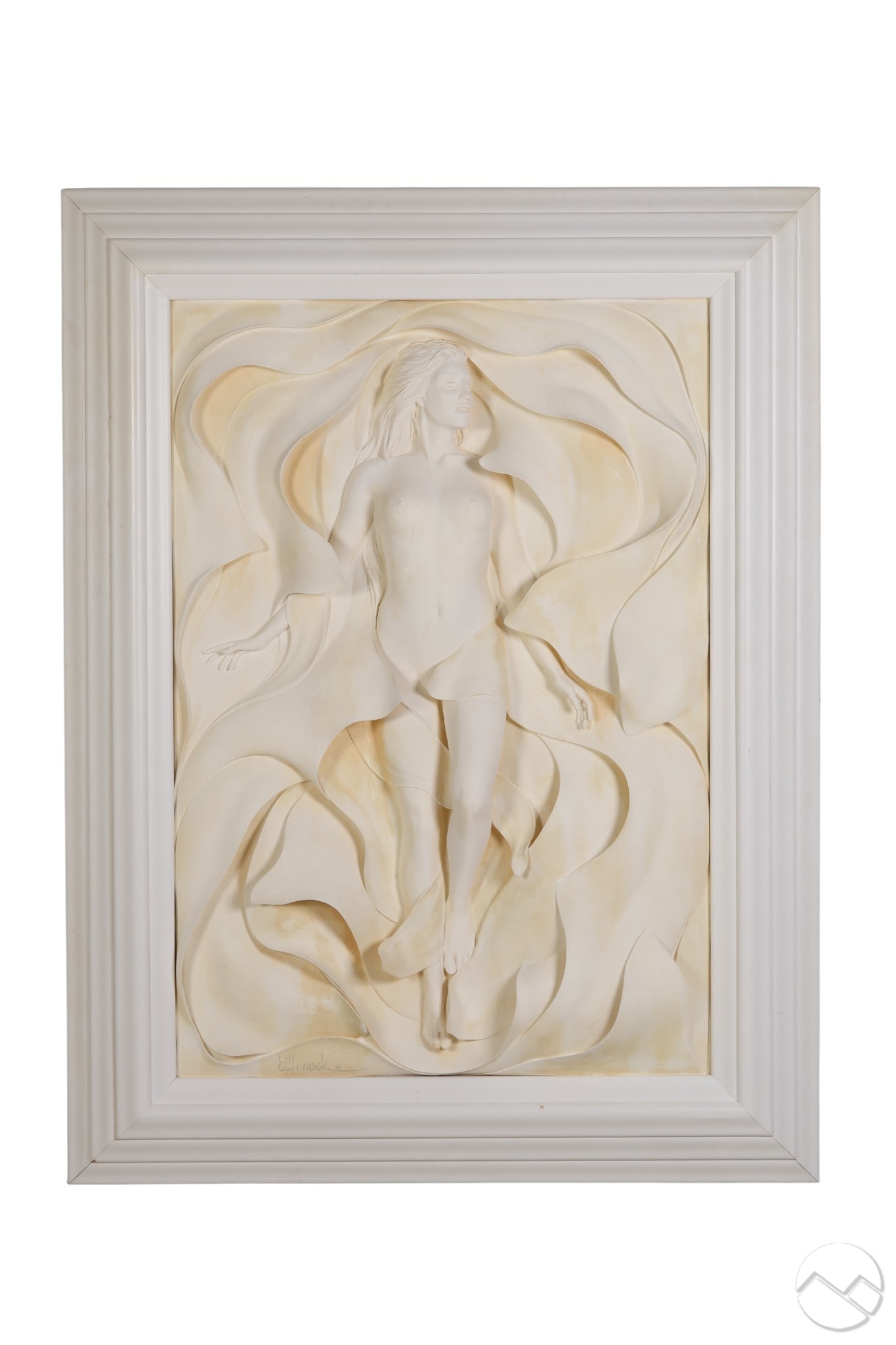Bill Mack b.1944 Female Nude High Relief Sculpture: Bill Mack (American, born 1949) limited edition sculpture depicting a nude female figure in high relief emerging from flowing abstract drapery forms. Executed in bonded materials with a smooth toned f