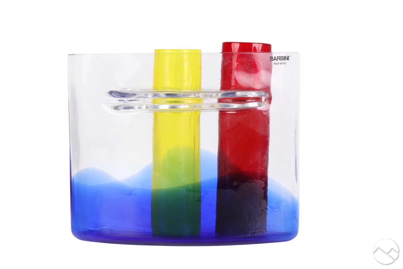 Barbini Murano Color Studio Art Glass Tube Vase: Barbini Murano multicolor Italian art glass vase. Features integrated cylindrical elements in red and yellow within a clear and blue glass body. Maker's label affixed to the exterior. Dimensions: 8 X 