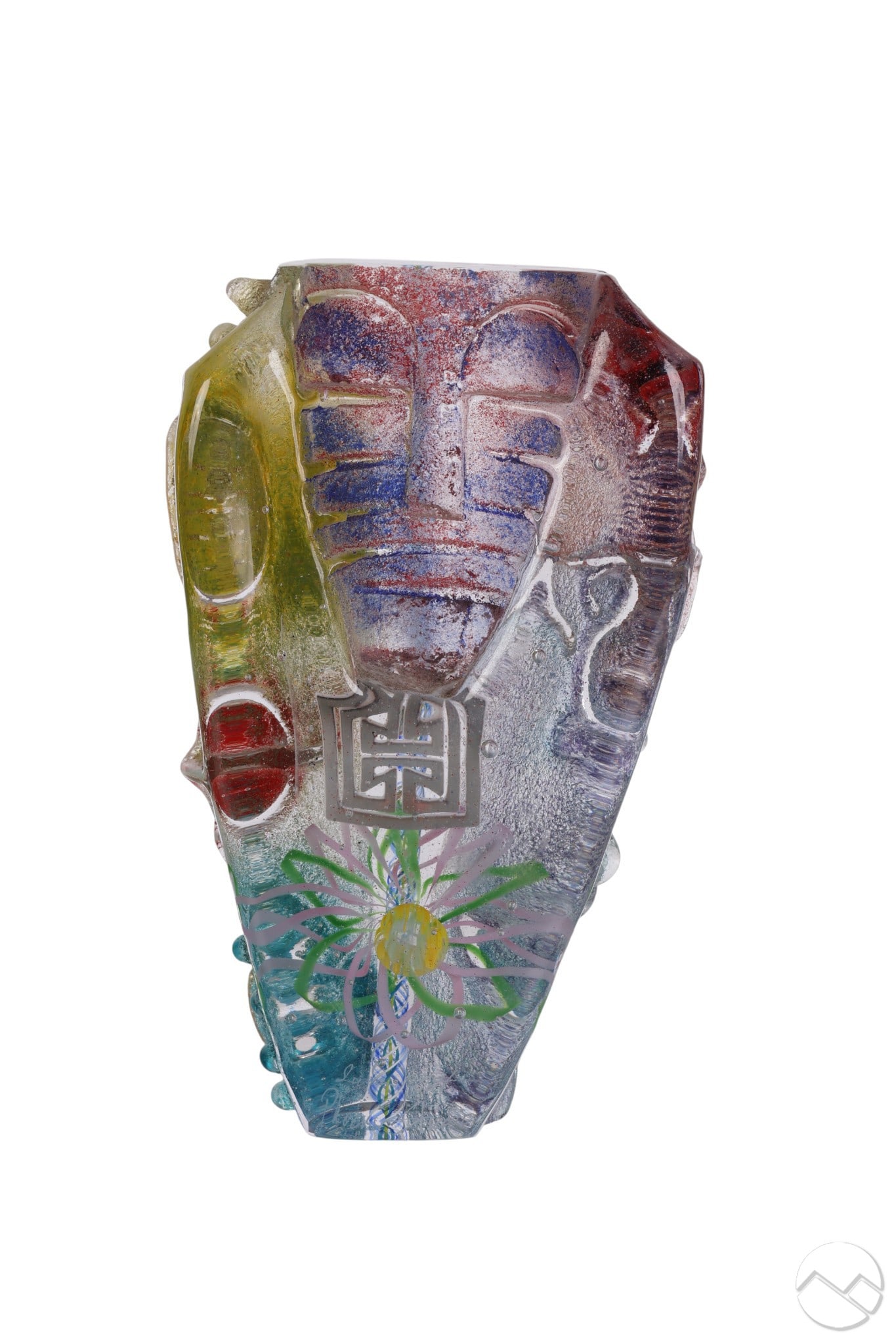 Susan Gott b.1959 Studio Art Glass Cast Sculpture: Susan Gott (American, born 1959), studio art glass sculpture featuring abstract smooth and textured forms in red, green, blue, and purple glass with internal murrine canes, twisted rods, and varied mo