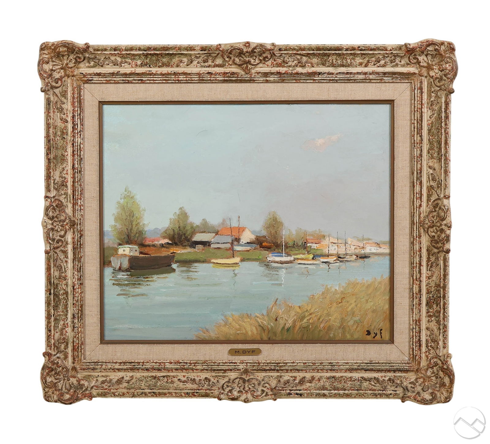 Marcel Dyf 1899-1985 French Canal Scene Painting: Marcel Dyf (French, 1899-1985), Canal dAygues Morte (Provence), oil on canvas depicting a tranquil riverside view with moored boats, trees, and rustic village buildings reflected in the calm water und