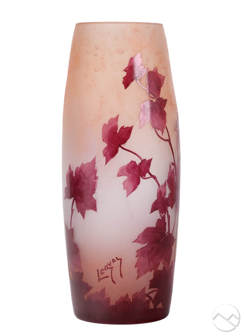 Legras French 12" Serie Rubis Cameo Art Glass Vase: Legras French Art Nouveau "Series Rubis" cameo glass vase of tall cylindrical form, featuring acid-etched burgundy grape leaves and trailing vines on a frosted amber ground. Signed Legras near the bas