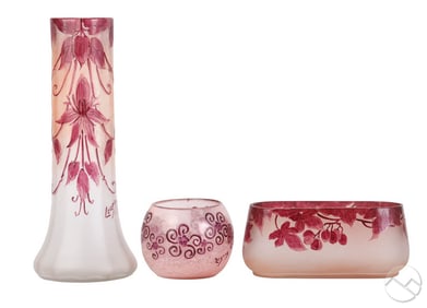 Legras French Serie Rubis Cameo Glass Vase 3pc LOT