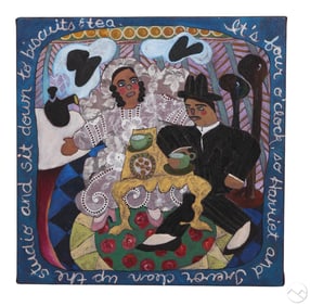 Tea Time Outsider Naive Collage Style Art Painting