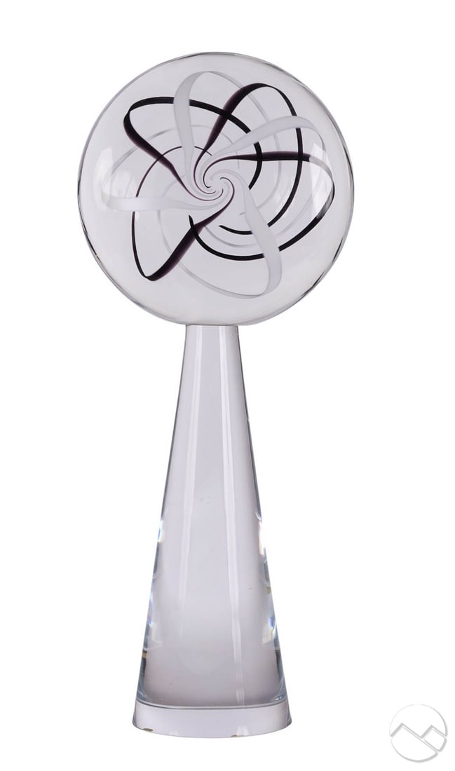 Martin Zirnsack Sweden Studio Art Glass Sculpture: Studio Ahus glass sculpture by Martin Zirnsak and Lennart Nissmarck. Hand-blown studio glass work featuring a thick circular disc with internal black and white spiral ribbons, mounted on a tall clear