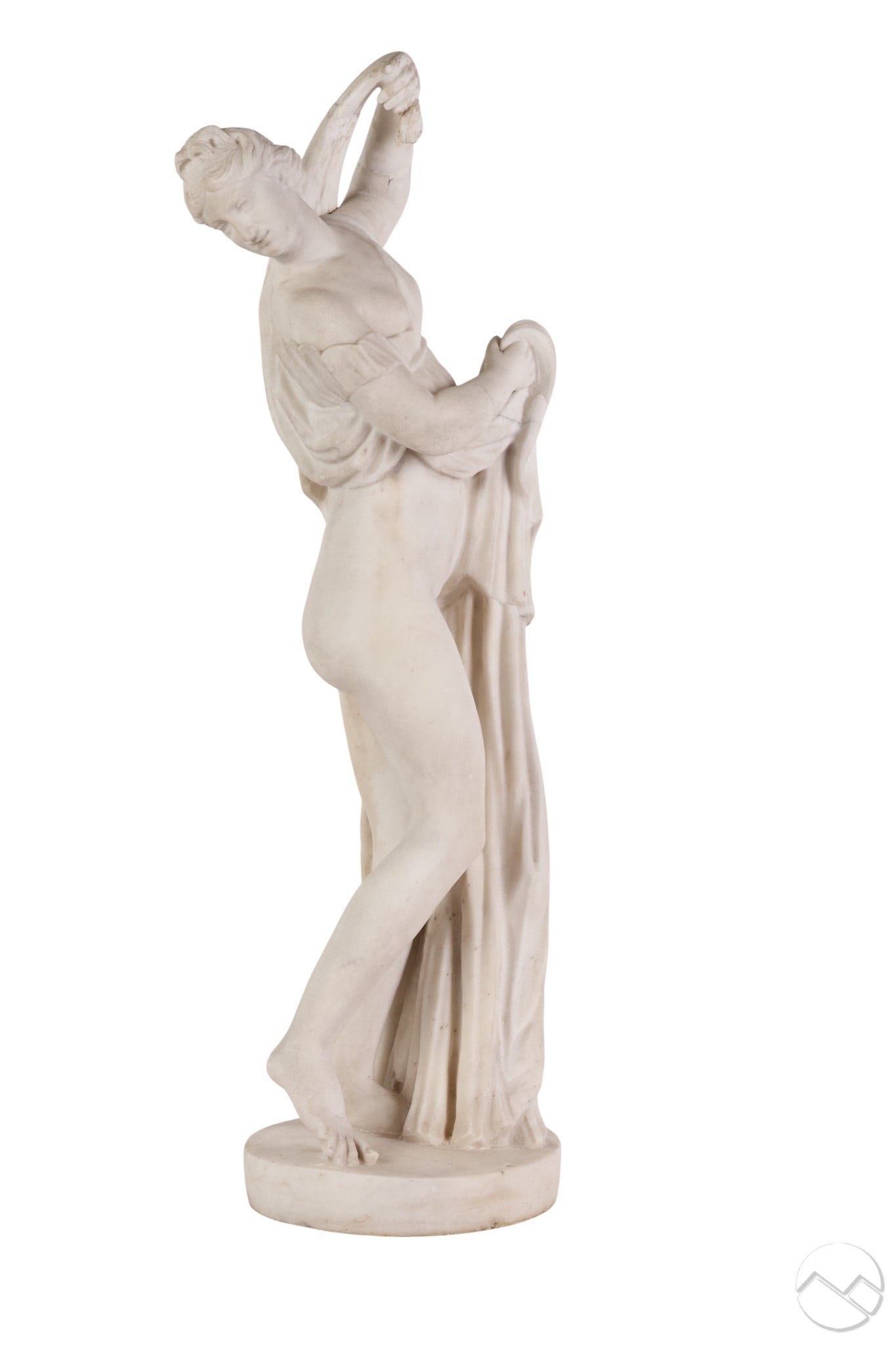 Venus Callipyge Aphrodite Marble Sculpture 27": Italian origin white marble statue depicting Venus lifting her lightweight robe and twisting to look back over her shoulder to admire her own posterior. Elevated on a circular base. No apparent markin