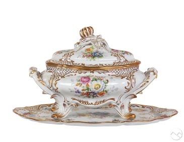 Limoges French Porcelain Floral Oval Tureen w Tray