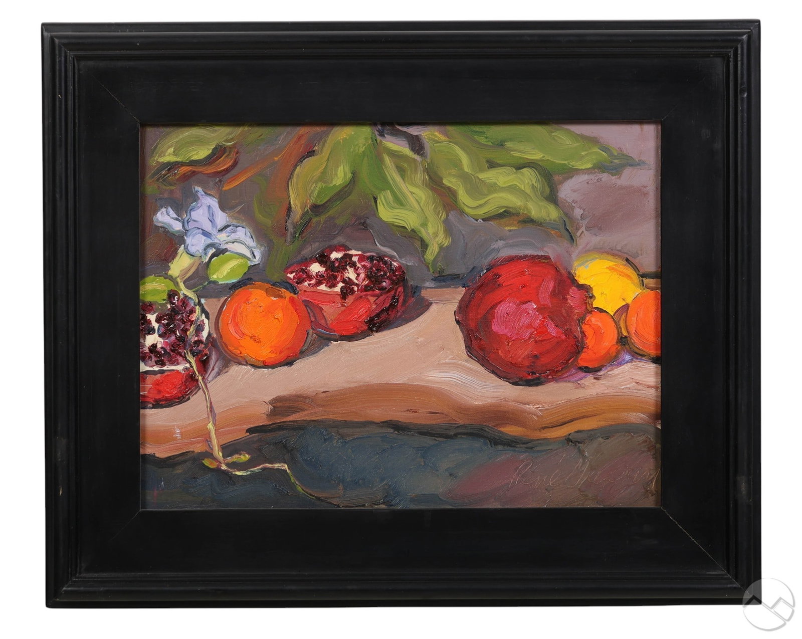 Rene Guerin 1936-2023 Fruit Still Life Painting: Rene Guerin (American, 1936-2023), still life oil painting on board depicting an arrangement of pomegranates, oranges, and other fruit with a single purple blossom and leafy greenery above. Artist sig