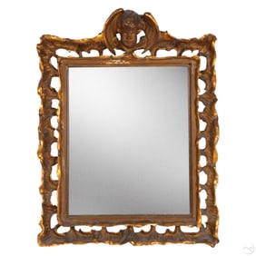 Antique Italian Carved Wood Cherub Crest Mirror