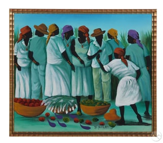 Mecene Brunis b.1957 Haitian Market Oil Painting