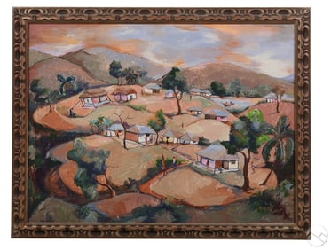Haitian Folk Art Village Scene Painting SIGNED