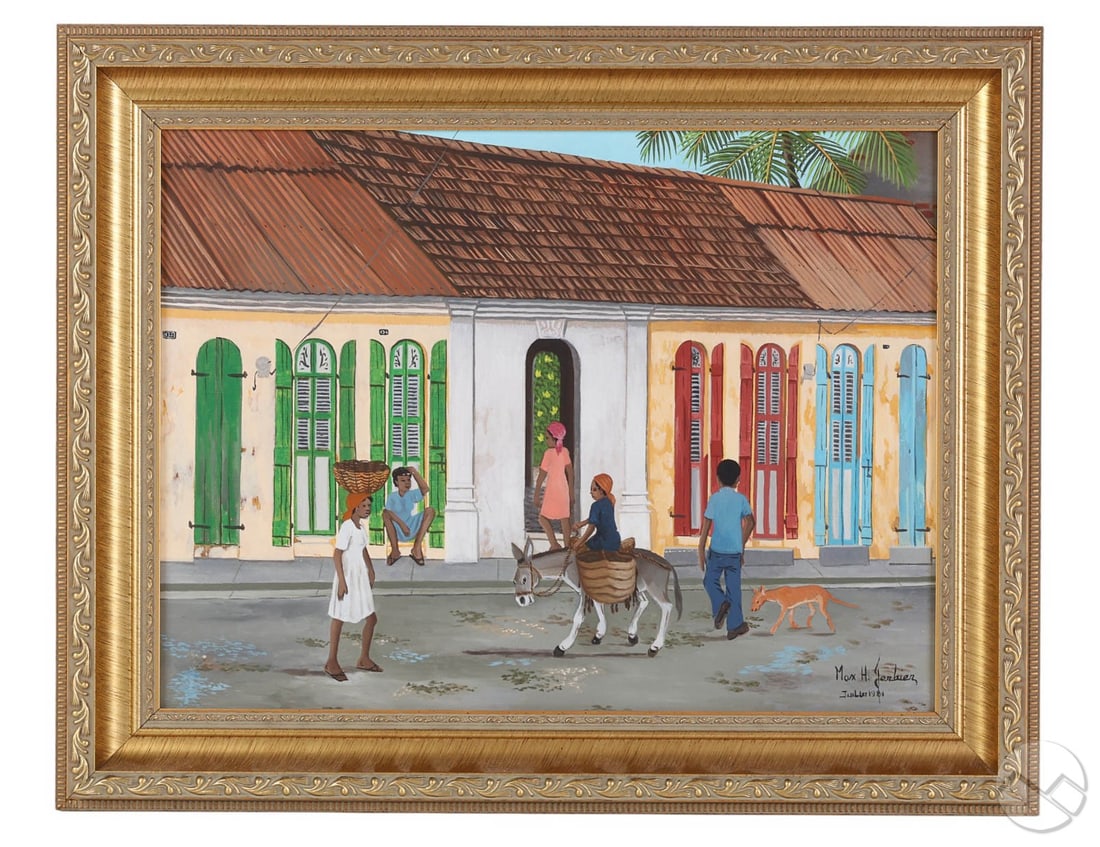 Max H Gerbier b.1951 Haitian Street Scene Painting: Max H. Gerbier (Haitian, born 1951), street scene painting on board depicting daily life in a village with shuttered colonial-style buildings, figures engaged in conversation, a donkey, and a dog in t